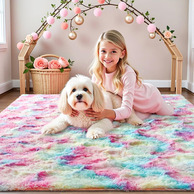 junovo Washable, Non-Slip Area Rug, Soft Rainbow Area Rug for Girl's Room, Children's Play mat, Baby Girl Bedroom Nursery Home Bedroom, 4ft x 6ft Tie-Dyed Rainbow - Image 2